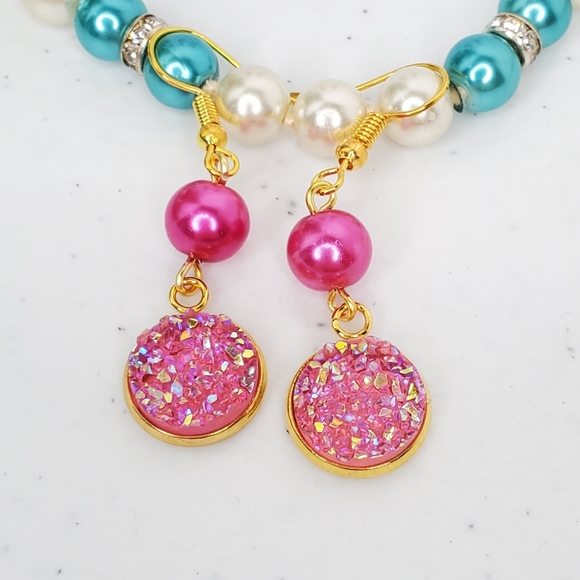 Bubble Gum Pink Druzy Czech Glass Pearls - Picture 4 of 5